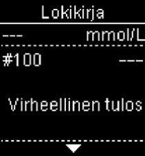 Accu-Chek Guide lokikirja virheellinen tulos virheilmoitus