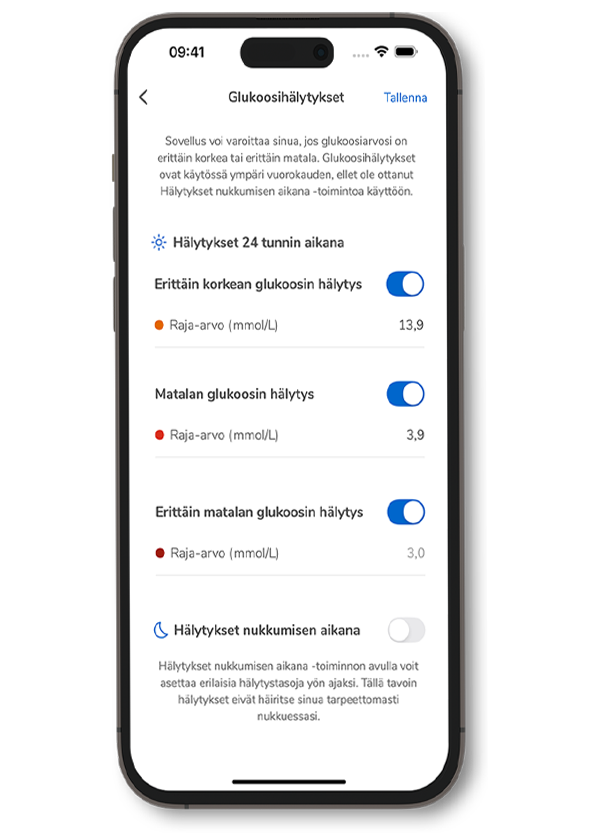  Kuvakaappaus Accu-Chek SmartGuide -sovelluksen Glukoosihälytykset -sivusta ja käytettävissä olevista hälytystyypeistä.
