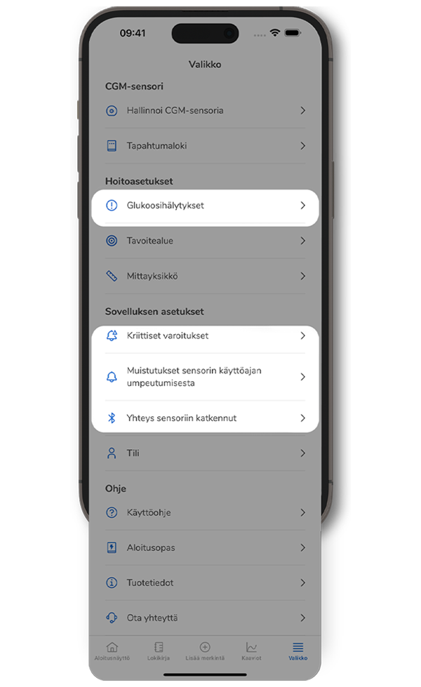 SmartGuide-sovelluksen näytön valikko, jossa glukoosihälytykset, kriittiset varoitukset, muistutukset sensorin käyttöajan umpeutumisesta ja sensorin yhteysasetukset näkyvät korostettuina.
