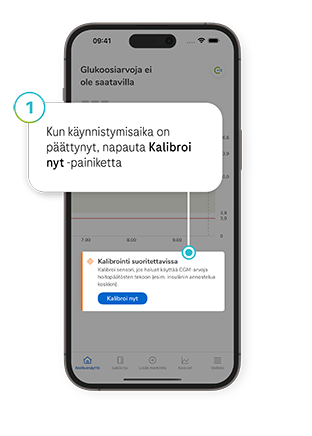 Kuvakaappaus SmartGuide-sovelluksen Kalibroi nyt -painikkeesta.