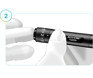 Kuva lansettikynästä, jolla otetaan verensokeriarvo sormenpäästä Accu-Chek SmartGuide CGM -järjestelmän kalibrointia varten.