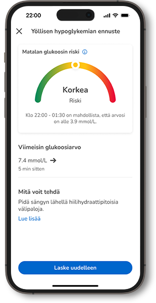 Puhelimen näyttö, jossa näkyy “suuri“ riski matalalle glukoosille yöllä, lukema on 6,1 mmol/L, ja suositellaan pidettävän hiilihydraattivälipaloja käden ulottuvilla.