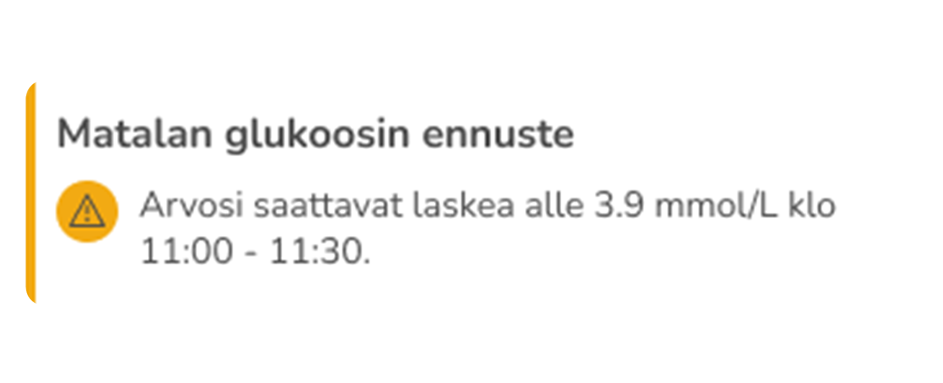 Matalan glukoosin ennuste -varoitus Accu-Chek SmartGuide Predict -sovelluksessa.