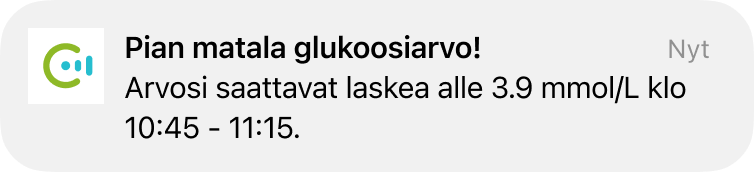 Pian matala glukoosiarvo! Ilmoitus, joka varoittaa mahdollisesta matalasta glukoosiarvosta klo 12.30–13.30.