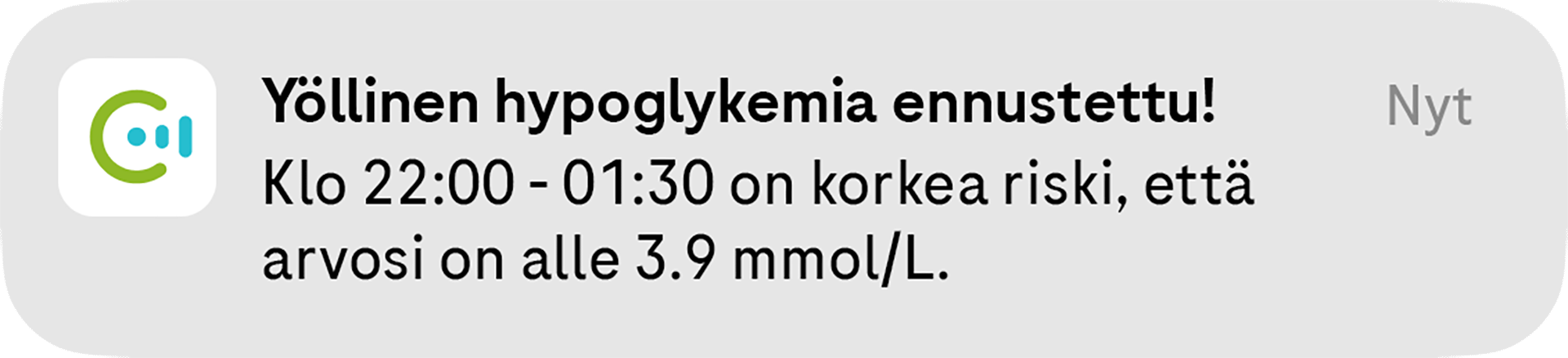 Yöllinen hypoglykemia ennustettu -ponnahdusilmoitus, joka varoittaa käyttäjää erittäin suuresta yöllisen hypoglykemian riskistä.