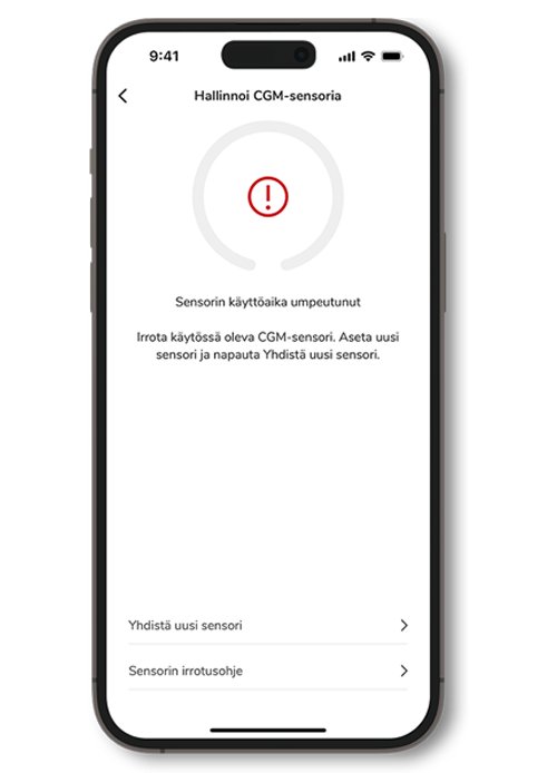 Kuvakaappaus SmartGuide CGM -järjestelmän sensori vanhentunut -näytöstä.