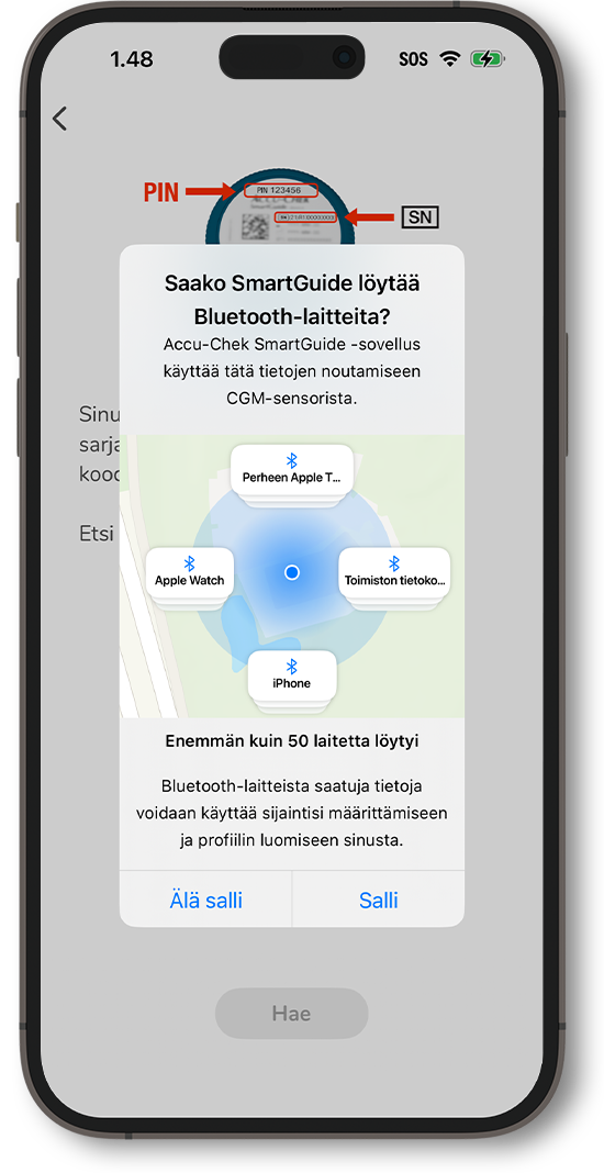 SmartGuide-sovelluksen Bluetooth-yhdistämisen haku.