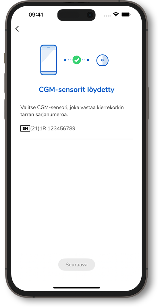 CGM-sovelluksen näytöllä näkyvät CGM-sensorit ja kierrekorkkien vastaavat sarjanumerot.