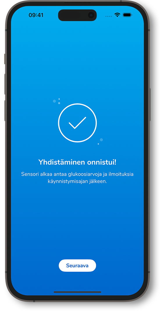 Yhdistäminen onnistui -näyttö, tiedot käynnistysajasta ja alaosassa Seuraava-painike.
