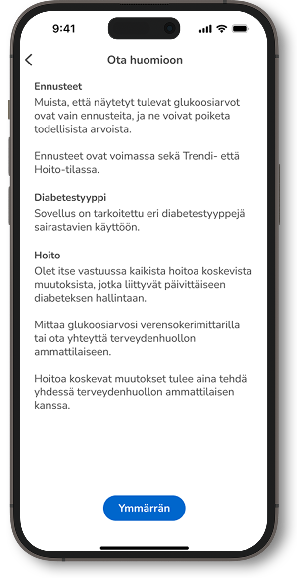 Kuvakaappaus SmartGuide Predict -sovelluksen tietonäytöstä.