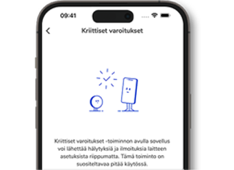 Kuvakaappaus Accu-Chek SmartGuide -sovelluksesta, jossa näkyy kriittisten varoitusten kuvaus.