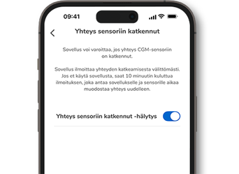 Kuvakaappaus Accu-Chek SmartGuide -sovelluksesta, jossa näkyy Yhteys sensoriin katkennut -näyttö.