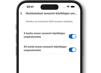 Kuvakaappaus Accu-Chek SmartGuide -sovelluksesta, jossa näkyvät muistutuksen sensorin käyttöajan umpeutumisesta.