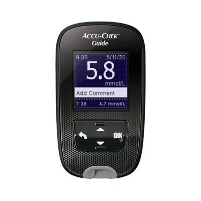 Bild som visar Accu-Chek Guide-blodsockermätare, avsedd för personer med diabetes
