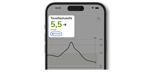 Puhelimen näyttö, jossa näkyy glukoosiarvo tavoitealueella merkinnällä "Tavoitealueella" sekä ennustettu trendi ja tavoitealue.