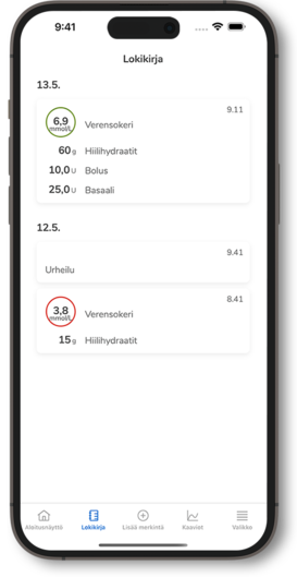 Kuvakaappaus SmartGuide CGM -järjestelmän lokikirjan näytöstä.