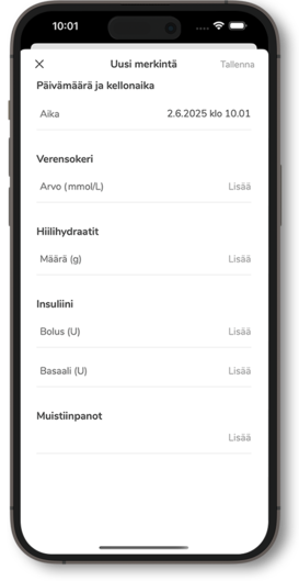 Kuvakaappaus SmartGuide CGM -järjestelmän lokikirjan merkintänäytöstä.